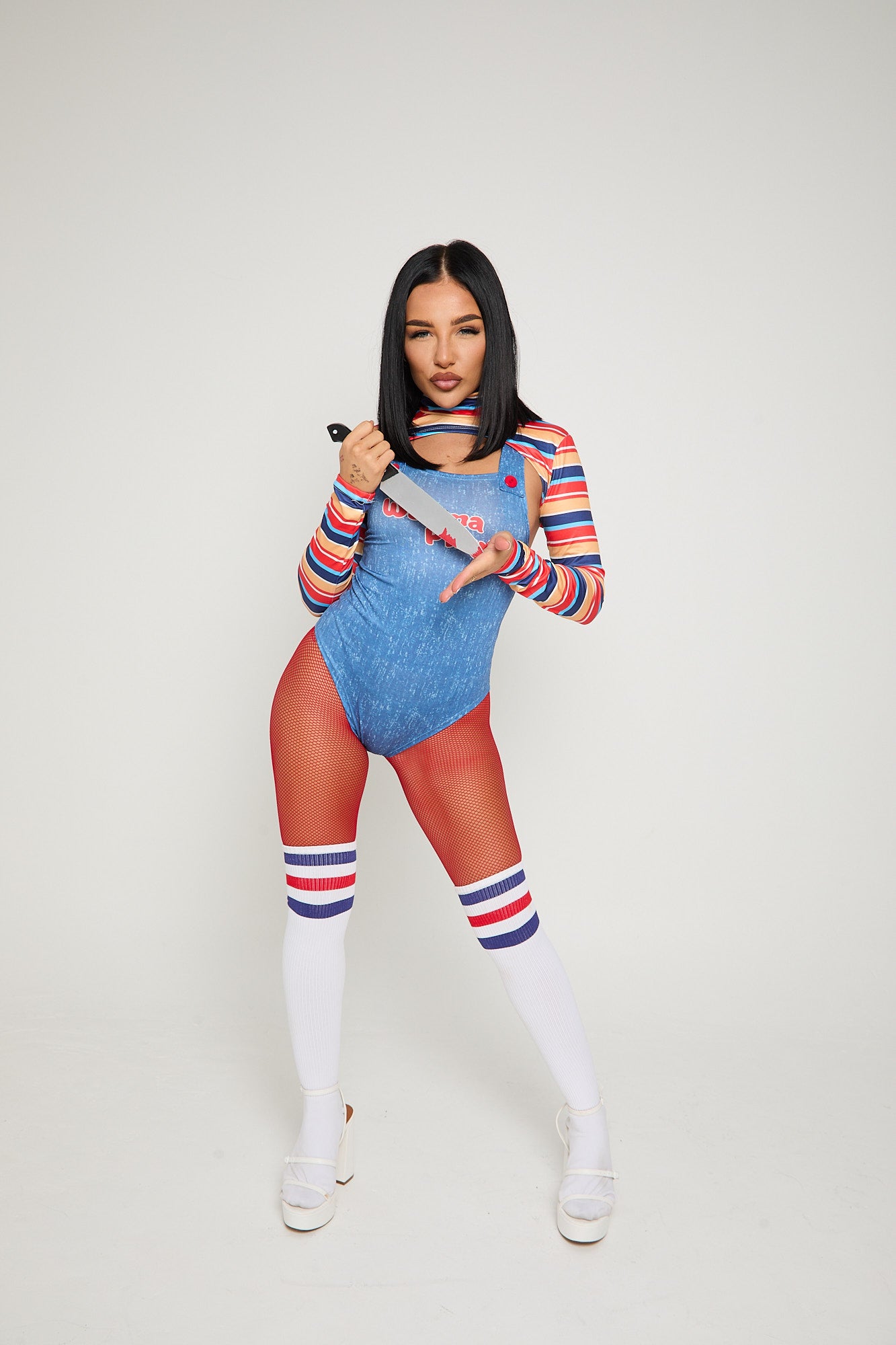 Sexy Chucky costume bodysuit with striped top, socks & knife – Plaything by Been That Witch UK