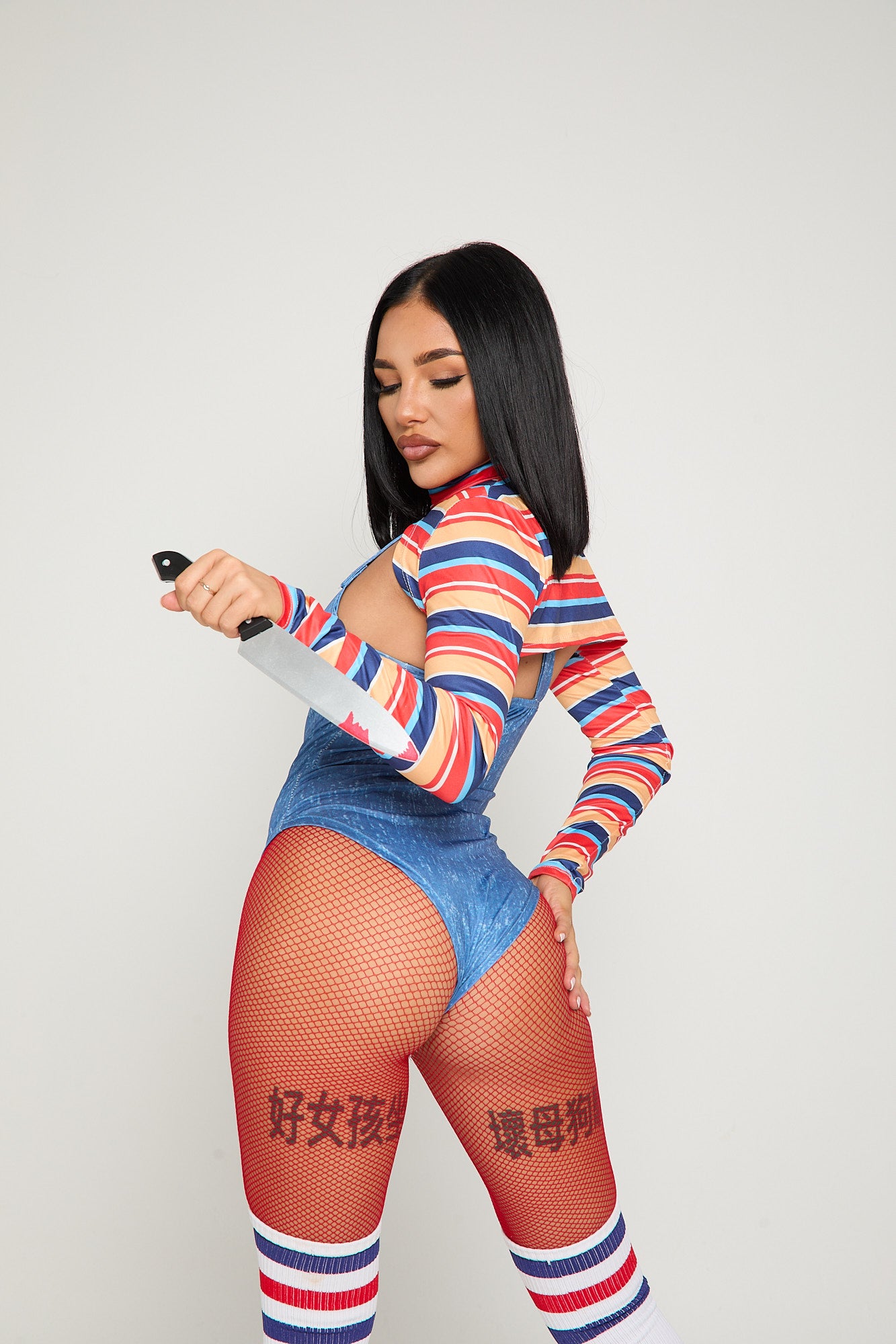 Sexy Chucky costume bodysuit with striped top, socks & knife – Plaything by Been That Witch UK