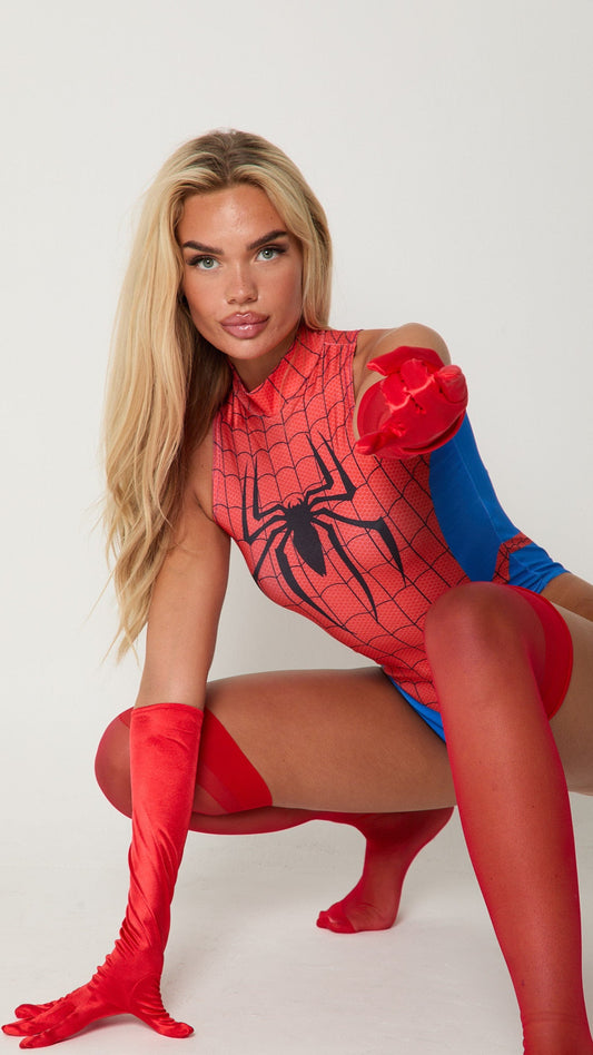 Sexy Spider Girl bodysuit costume with red stockings and gloves – Been That Witch UK