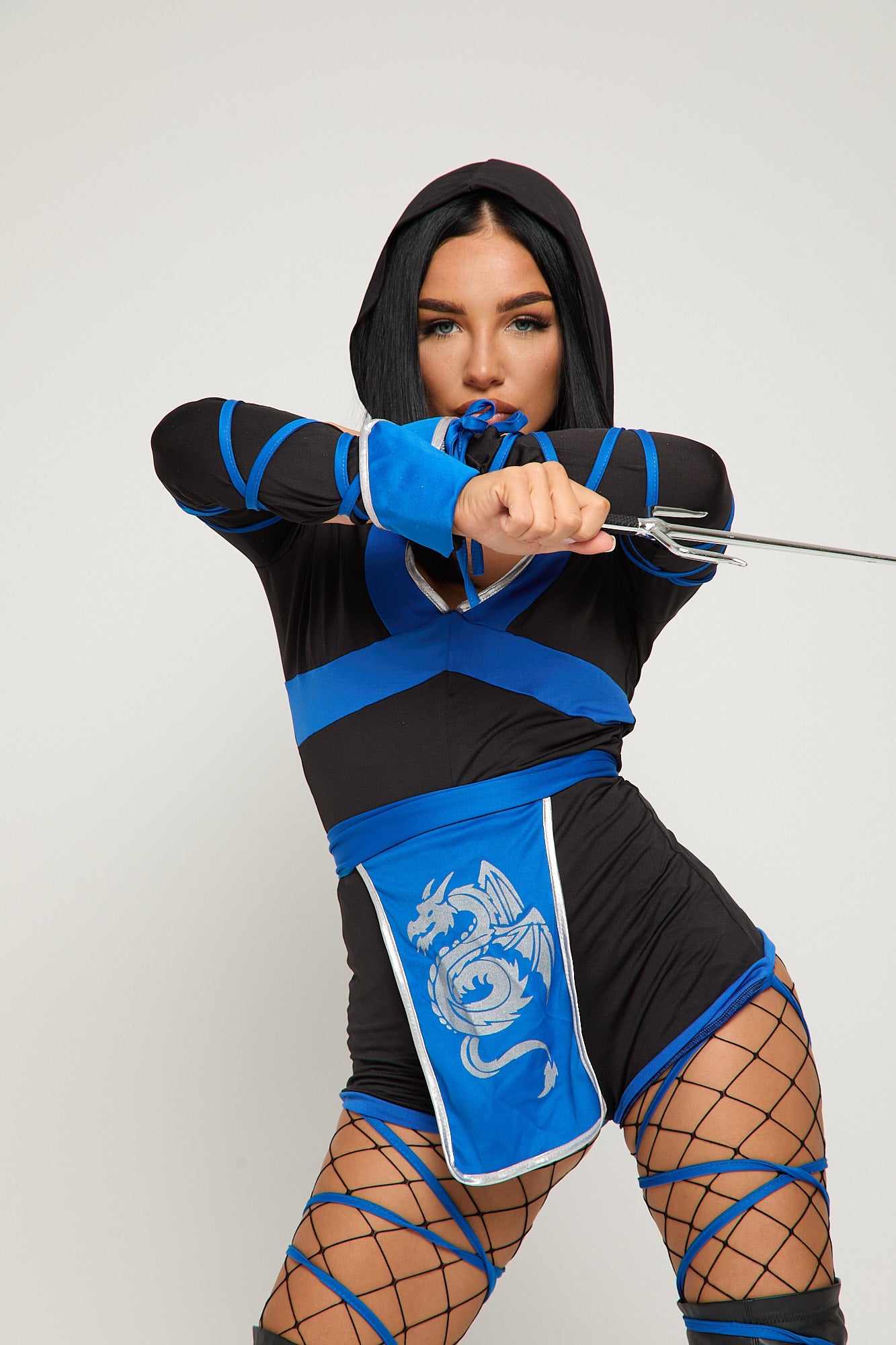Sexy blue ninja costume with playsuit, dragon apron, ribbons & mask – Dragon Slayer by Been That Witch UK