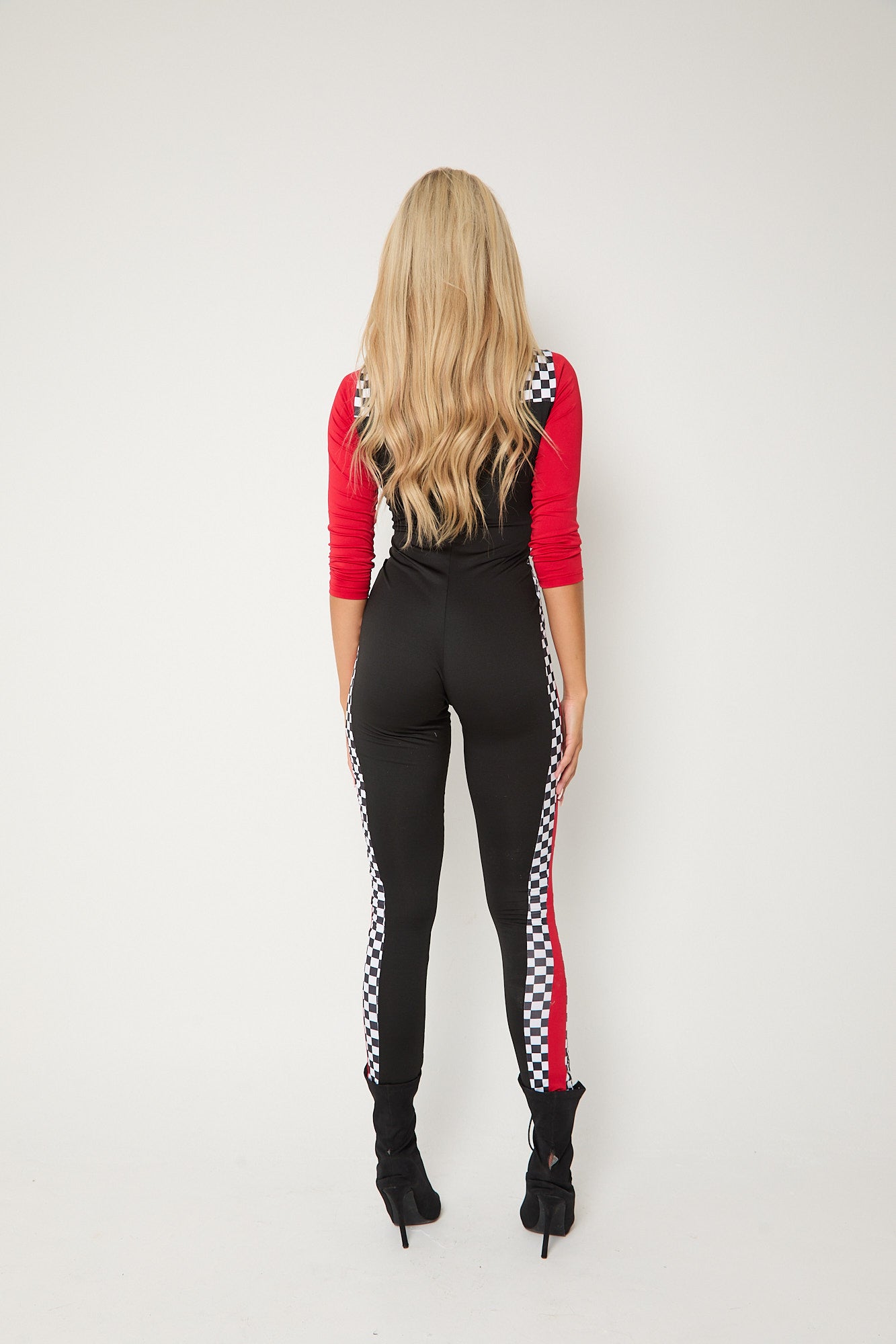 Back view of women’s race car driver fancy dress outfit