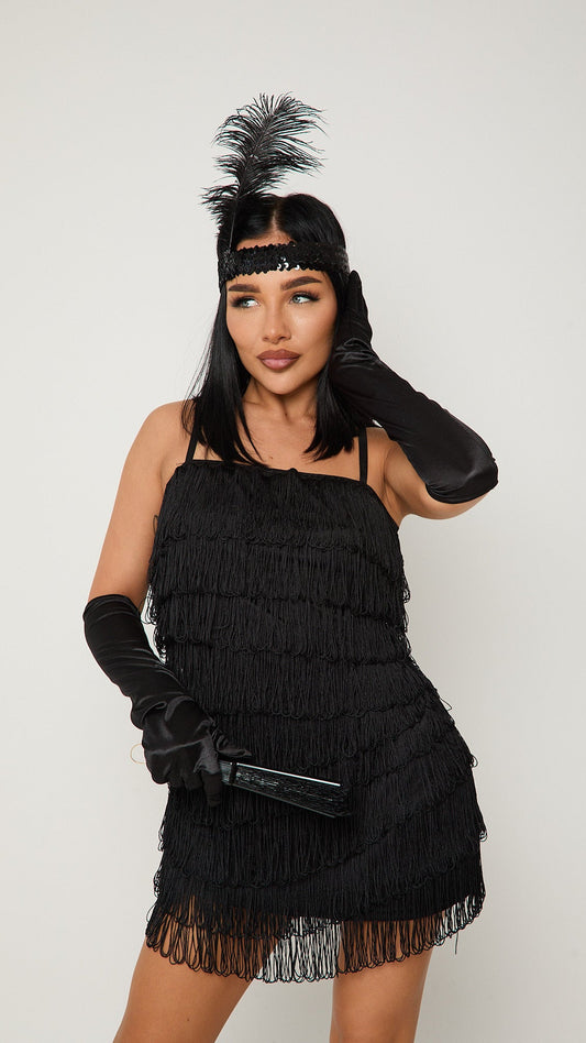 Sexy 1920s flapper costume with black sequin dress, gloves & feather headband – Dark Flapper by Been That Witch UK