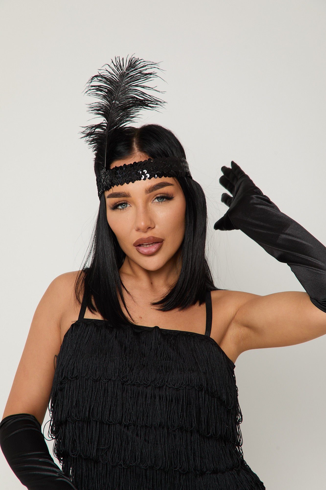 Sexy 1920s flapper costume with black sequin dress, gloves & feather headband – Dark Flapper by Been That Witch UK