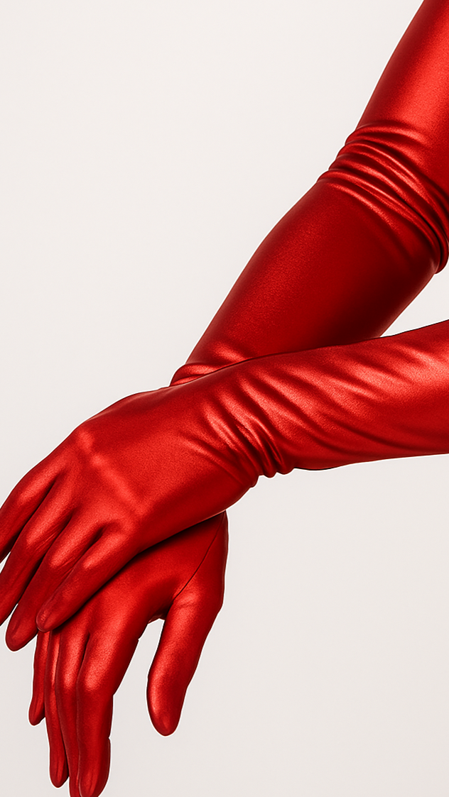 Red satin gloves worn by a person on a light gray background