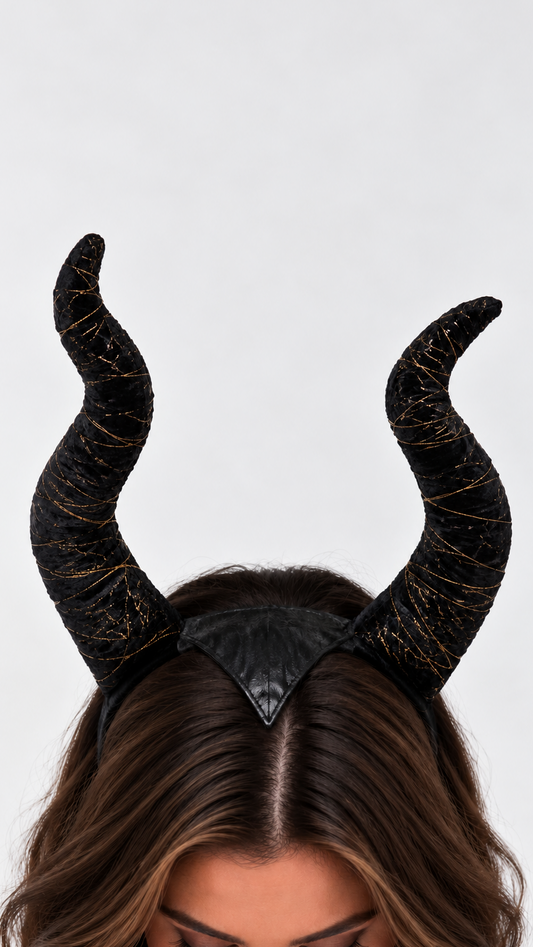 A close-up of a woman wearing a black horned headband with textured, glittery gold details on the horns and a small black triangular center piece, against a plain light gray background.