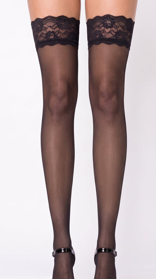 Black sheer thigh-high stockings with a floral lace top band, shown on a model's legs against a white studio background.