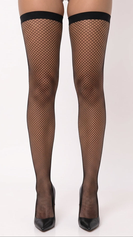 Black fishnet thigh-high stockings with solid black bands, modeled on a person's legs against a plain white studio background.